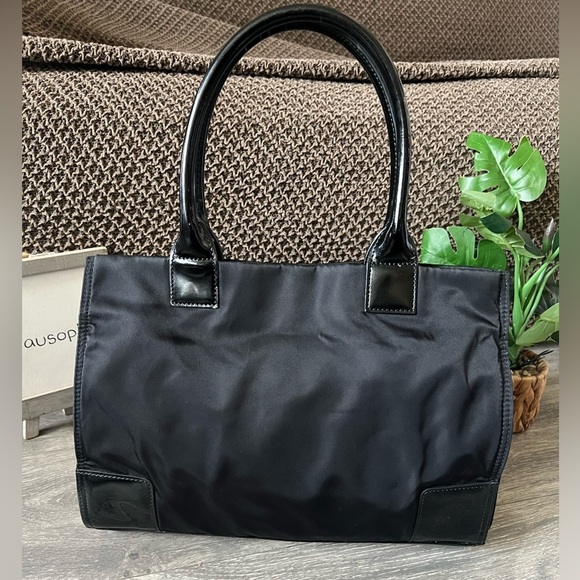 Tory Burch Mini Ella Tote Bag in Black Nylon and Black Patent Leather Trim - Picture 7 of 14